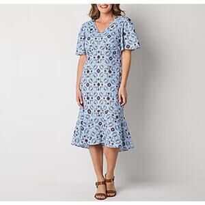 NWT Liz Claiborne Linen Blend Ruffle Long Midi Dress Blue Womens Size 10 NEW $74